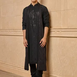 Tasva Men Ethnic Motifs Embroidered Regular Pure Cotton Kurta with Churidar & Dupatta image 4
