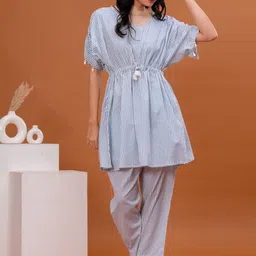 HIGHLIGHT FASHION EXPORT Striped V NeckPure Cotton Tunic With Trousers-image-3