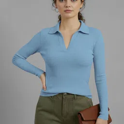 Dream Beauty Fashion Women Ribbed Shirt Collar Full Sleeves Fitted Top-picture-41