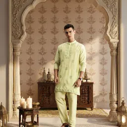 House of Pataudi Men Embroidered Thread Work Jashn Kurta with Trousers-picture-32