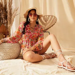 QUIERO Floral Print Ruffles Chiffon Peplum Crop Top image 5