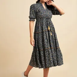 Jash Creation Women Blue Polyester Print V-Neck Long Flared Maxi Dress image 4