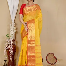 PuJoy Woven Design Zari Pure Cotton Taant Saree-image-60