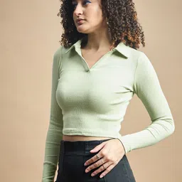 R.Code by The Roadster Life Co. Women Shirt Collar Ribbed Fitted Crop Top image 3