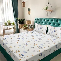 KLOTTHE White & Blue Printed 300 TC King Bedsheet With 2 Pillow Covers - 2.50 x 2.25 m-picture-31