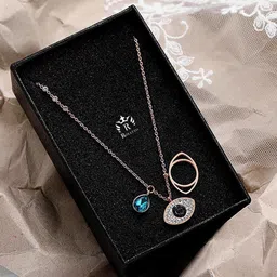 royatto Top Quality Blue Crystal Pendant Evil Eye Necklace Bracelet Full Diamond White Diamond Brass Plated Stainless Steel Choker-picture-13