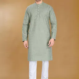PulseIQ Men Geometric Embroidered Chikankari Kurta image 5