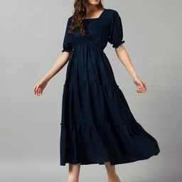 Raiyani Enterprise Solid Puff Sleeve Fit & Flare Midi Dress-image-97