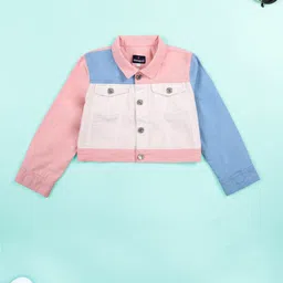 KiddoPanti Girls Colourblocked Lightweight Crop Denim Jacket-picture-17