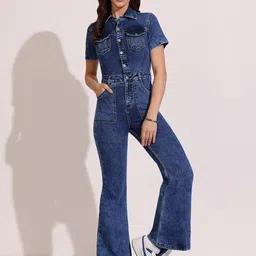 DOLCE CRUDO Women's Flared High Rise Denim Jumpsuit-picture-16