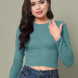 Maheshvi Ribbed Round Neck Long Sleeves Fitted Crop Top image 5