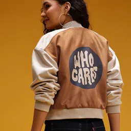 HERE&NOW Typography Print Suede Finish Varsity Jacket-picture-17