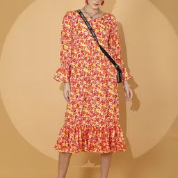Honky Tonky Women Floral Printed Tiered Sweetheart Neck Crepe Fit & Flare Midi Dress-image-87