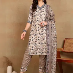 AARAGANA Floral Printed V-Neck Thread Work Straight Kurta With Trousers & Dupatta-picture-14