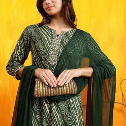 KALINI Women Bandhani Printed Regular Mirror Work Kurta with Trousers & With Dupatta image 4