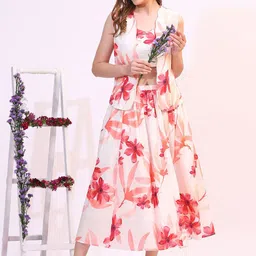 W Floral Printed Pure Cotton Crop Top & Jacket With Skirt Co-Ords image 4