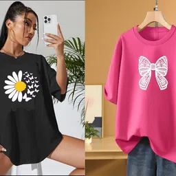 rapturous Pack of 2 Women Printed Round Neck Cotton Blend Black, Pink T-Shirt-picture-38
