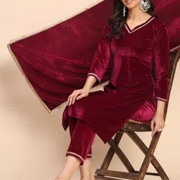 WOMENSIO Women Regular Thread Work Velvet Kurta with Trousers & With Dupatta-picture-19