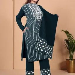 The Zigar Studio Women Regular Sequinned Pure Wool Kurta with Trousers & With Dupatta image 3