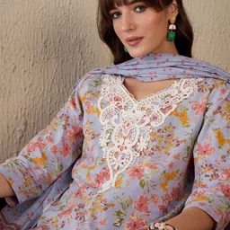Indo Era Women Floral Printed Regular Thread Work Pure Cotton Kurta with Salwar & With Dupatta image 2