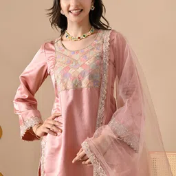 Jaipurite Women Ethnic Motifs Embroidered Straight Kurta with Sharara & Dupatta image 4