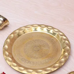 Two Moustaches  Yellow Textured Brass Pooja Thali image 3