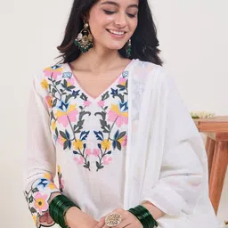Indo Era Floral Embroidered V-Neck Thread Work Pure Cotton Kurta & Trousers With Dupatta image 2