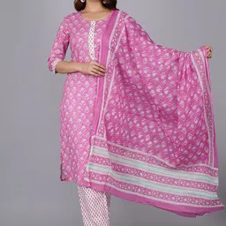 HERE&NOW Women Ethnic Motifs Printed Pure Cotton Kurta with Palazzos & With Dupatta-picture-14