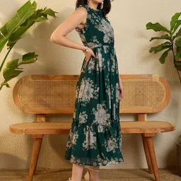 OCTICS Women Floral Print Choker Neck Georgette A-Line Midi Dress image 5