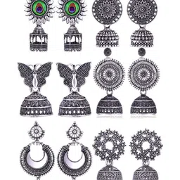Sangria Set Of 6 Silver Plated Oxidized Jhumka Earrings-picture-34