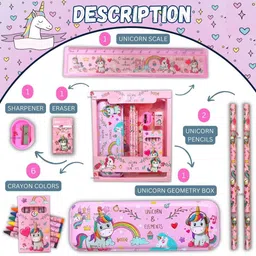 neel Unicorn Pencil Box Unicorn School Stationery Kit combo 8-IN-1 Gift Set 2 Pencils Unicorn Metal Pencil Box/Sharpener/Eraser/ Scale/Crayon Birthday Gift for Girls Art Plastic Pencil Box image 3