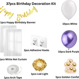 khushdin 37pcs Purple & White Birthday Decoration Kit with LED Light & Net Curtain image 2