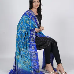 muffly Pure Silk Printed Dark Blue Women Dupatta-picture-18