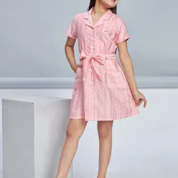 Peppermint Girls Printed Shirt Collar Linen A-Line Dress with Pocket Detailing-image-89
