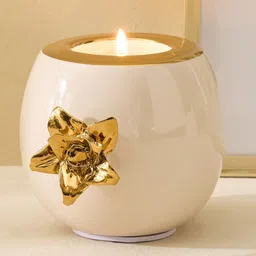 Home Centre White & Gold Toned Ceramic Floral T-Light Candle Holder-image-80