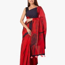 TROPWEAR Red & Black Tie and Dye Pure Cotton Block Print Saree-picture-23