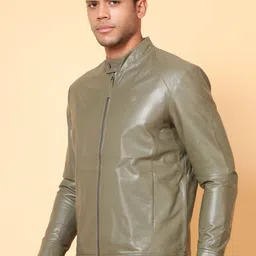 Tortoise Men Mandarin Collar Solid Lightweight Leather Jacket image 3