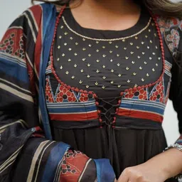 Anouk Black Ethnic Motifs Printed Empire Zardozi Pure Cotton Kurta With Trousers & Dupatta image 3