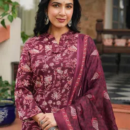 KALINI Floral Printed Mandarin Collar Straight Kurta With Trousers & Dupatta-picture-16