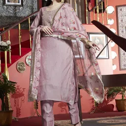 BANDIA Women Floral Embroidered Regular Sequinned Kurta with Trousers & Dupatta image 1