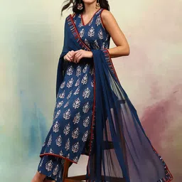 Khushal K Women Ethnic Motifs Printed Regular Pure Cotton Kurta with Palazzos & With Dupatta image 1