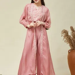 CurlyTales Girls Embroidered Regular Crop Top and Palazzos With Shrug-image-6