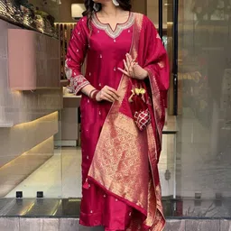 KALINI Floral Embroidered Straight Kurta With Trousers & Dupatta image 1