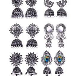 DIVASTRI Set Of 6 Silver-Plated Dome Shaped Oxidized Jhumkas-picture-12