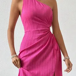bebe Pink One-Shoulder Ruched Cut-Out Tie-Detail Slit Midi Dress image 4