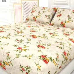 THE WHITE MOSS Cream-Coloured Floral 220 TC King Bedsheet with 2 Pillow Covers image 4
