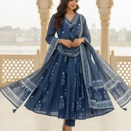 SZN Women Ethnic Motifs Printed Panelled Thread Work Kurta with Trousers & With Dupatta image 5