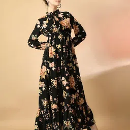 Raiyani Fashion Floral Print Tie-Up Neck Applique Crepe Fit & Flare Maxi Dress-image-86