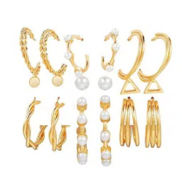 GOLDIWALA Set Of 9 Gold-Plated Pearls Studded Circular Shaped Half Hoop Earrings image 5