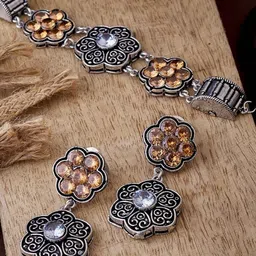anouk Sangria German Silver Plated & Mustard Stone Studded Floral Shaped Choker Set-picture-29